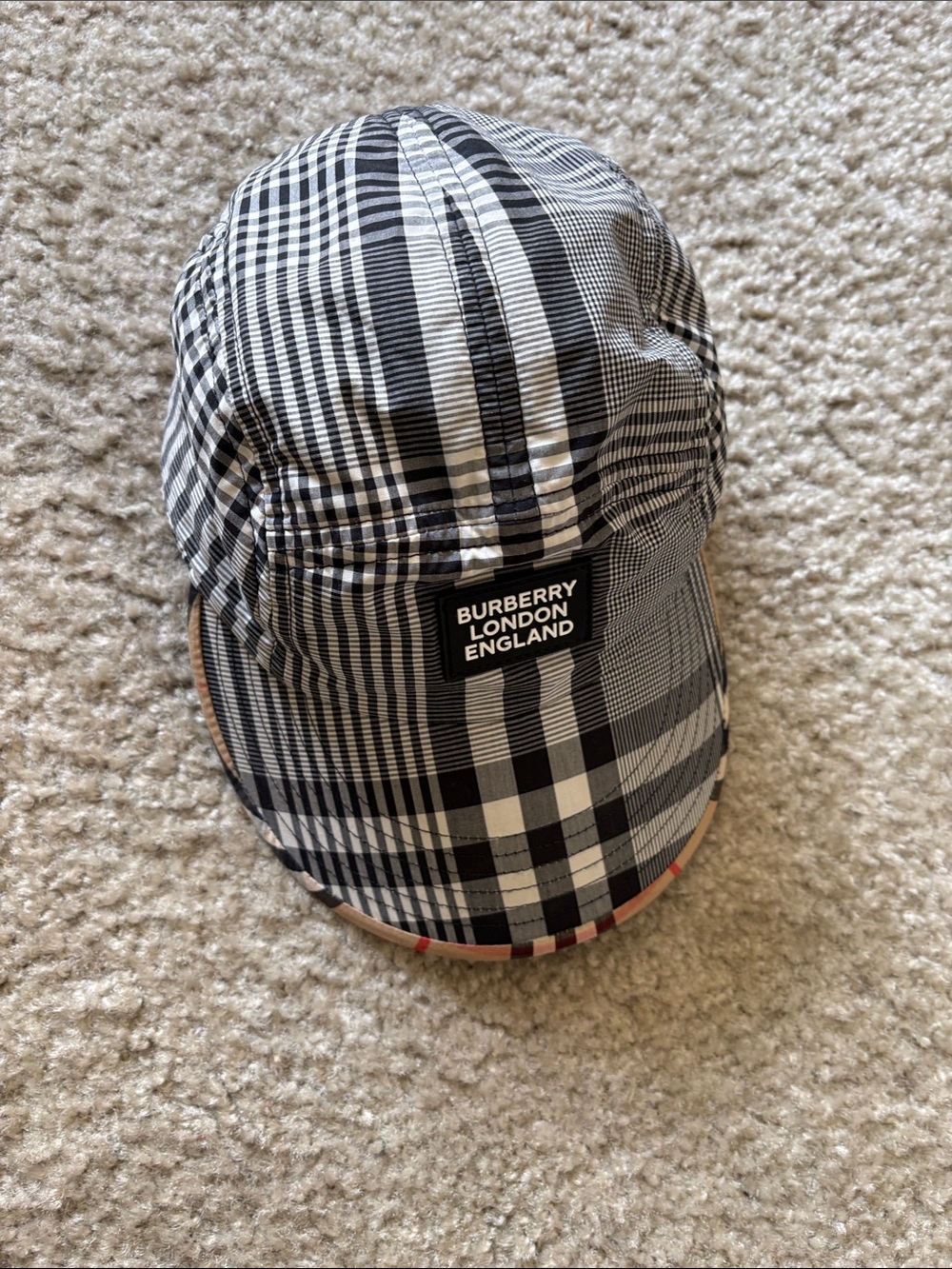 Burberry Black & White Plaid Cap with Logo Patch